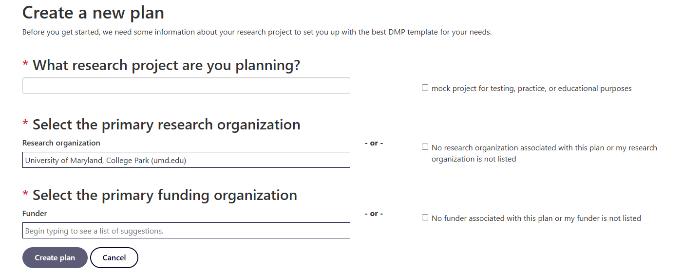 Image of a form to create a new data management plan, including questions about the research project and the funding organization.